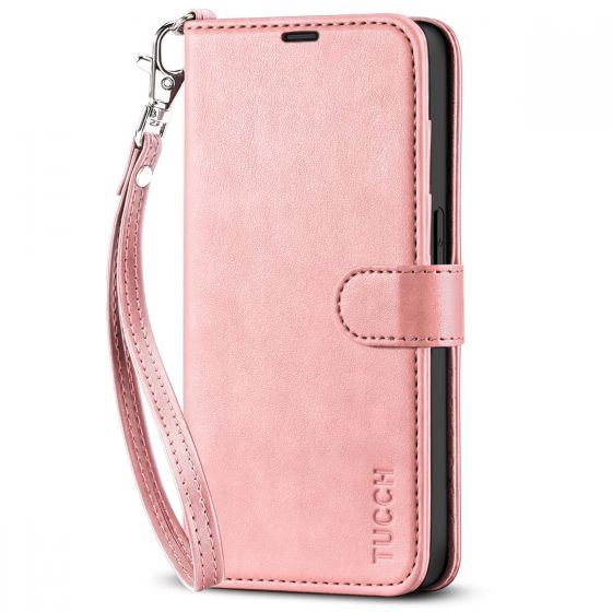 TUCCH iPhone 14 Pro Wallet Case, iPhone 14 Pro PU Leather Case, Folio Flip  Cover with RFID Blocking and Kickstand - Strap - Rose Gold