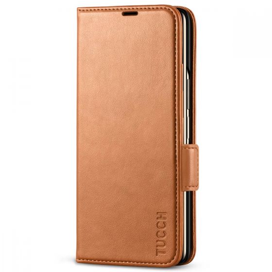 TUCCH SAMSUNG GALAXY Z FOLD4 5G Wallet Case with S Pen Holder Dual Magnetic Tab Closure Book Folio Flip Style - Light Brown