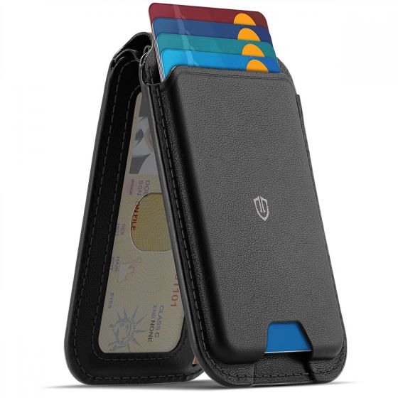 SHIELDON Genuine Leather Magsafe Foldable Card Holder with RFID Blocking 4 Card Slots for iPhone 16 iPhone 16e  iPhone 15 iPhone 14 iPhone 13 iPhone 12 Series, Not for iPhone Mini, Kickstand Phone Card Wallet