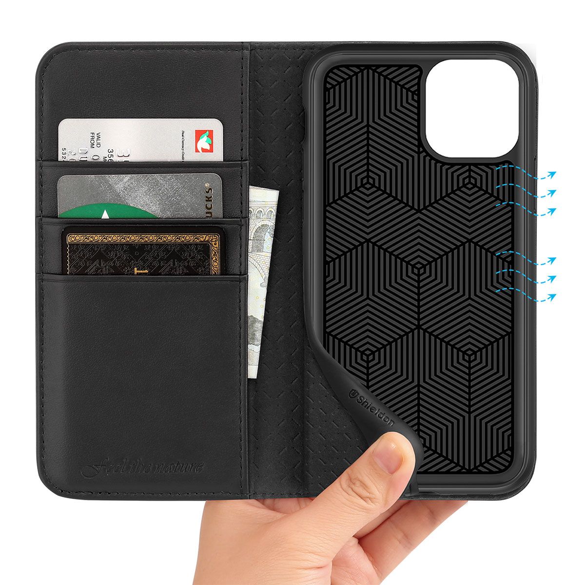 SHIELDON iPhone 11 Pro Max Genuine Leather Wallet Case - iPhone 11 Pro Max  Flip Case with Auto Sleep/Wake Function - Black