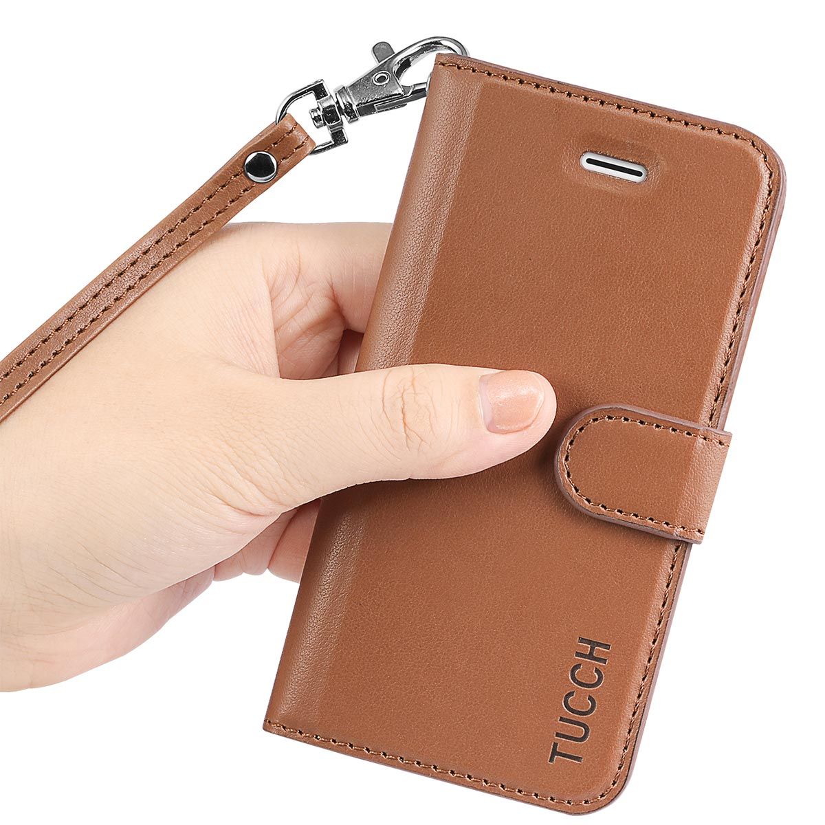 TUCCH iPhone 5/5S/SE Case, Premium Leather Wallet Case, Wrist Strap