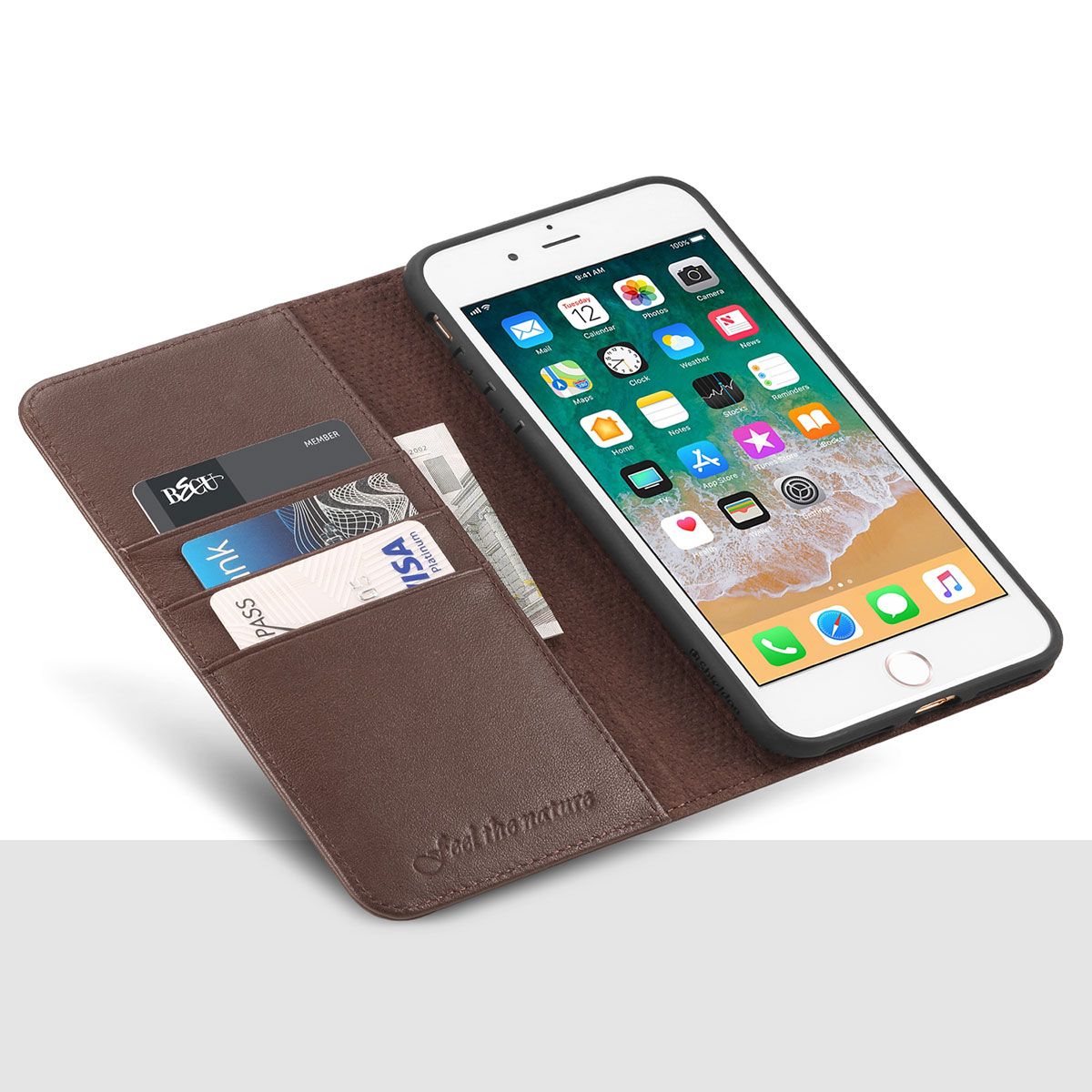 Shieldon Iphone 8 Plus Wallet Case Coffee Color Genuine Leather Cover Magnet Closure Kickstand Function Flip Cover Folio Style
