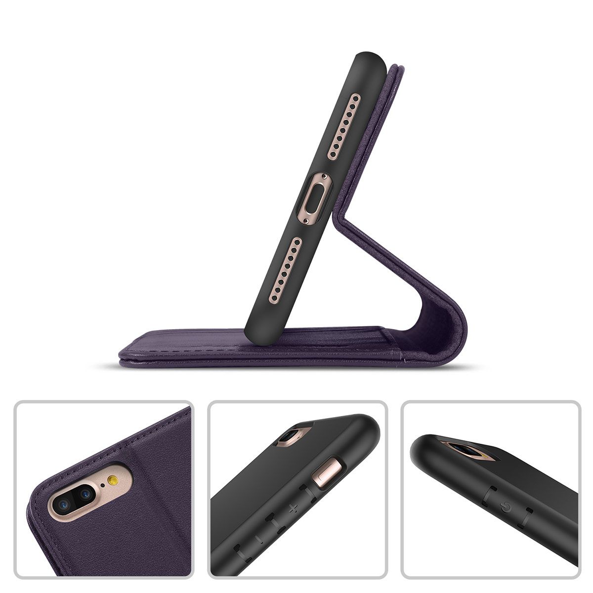 Regnfuld Skraldespand Van SHIELDON iPhone 8 Plus Wallet Case - Purple color Genuine Leather Cover,  Magnet Closure, Kickstand Function, Flip Cover, Folio Style