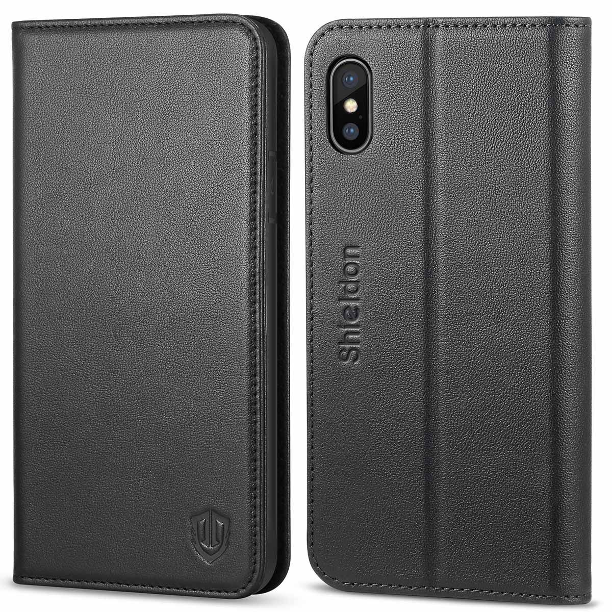 SHIELDON iPhone X Genuine Leather Wallet Flip Cover iPhone 10 Case with Magnetic Closure Kickstand Function