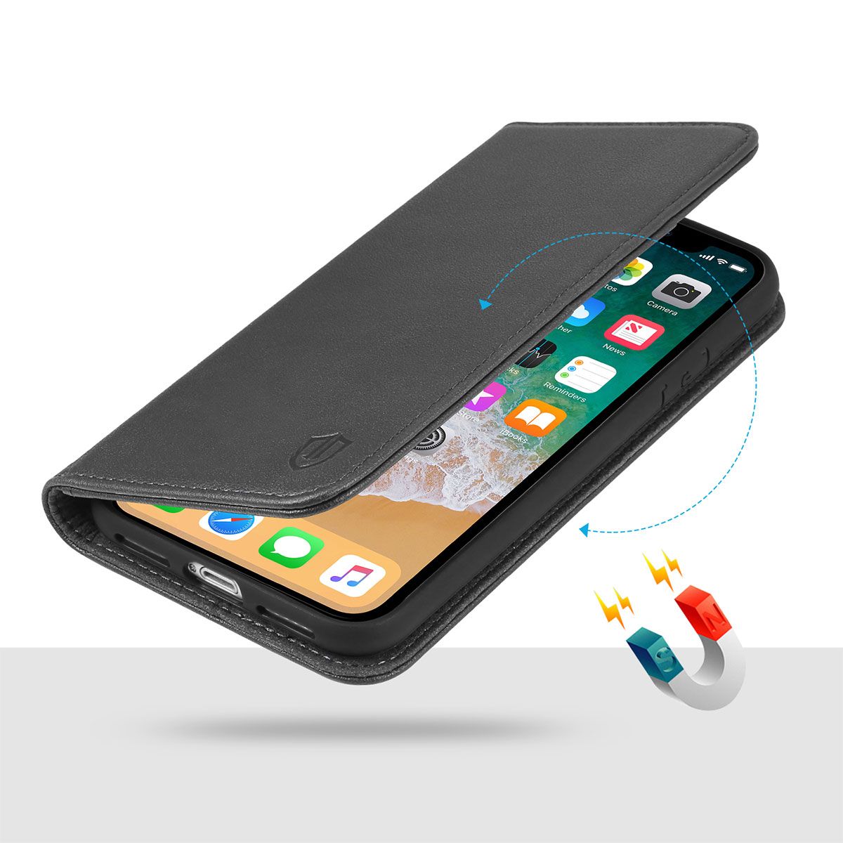 SHIELDON iPhone X Genuine Leather Wallet Case, Black iPhone 10 Case with Magnet Closure, Flip ...