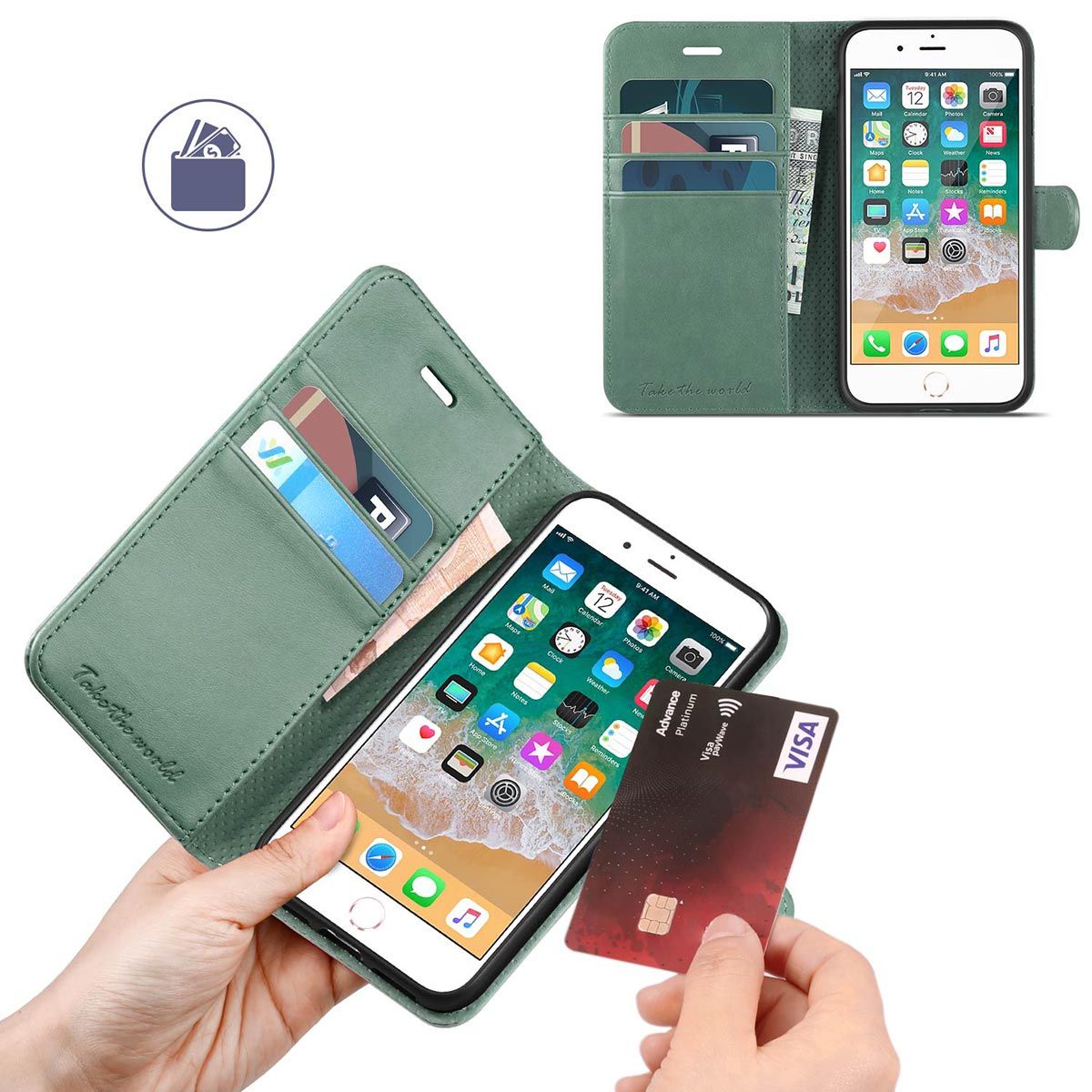 TUCCH iPhone 13 Mini Wallet Case - Mini iPhone 13 5.4-inch PU Leather Cover  with Kickstand Folio Flip Book Style, Magnetic Closure-Myrtle Green