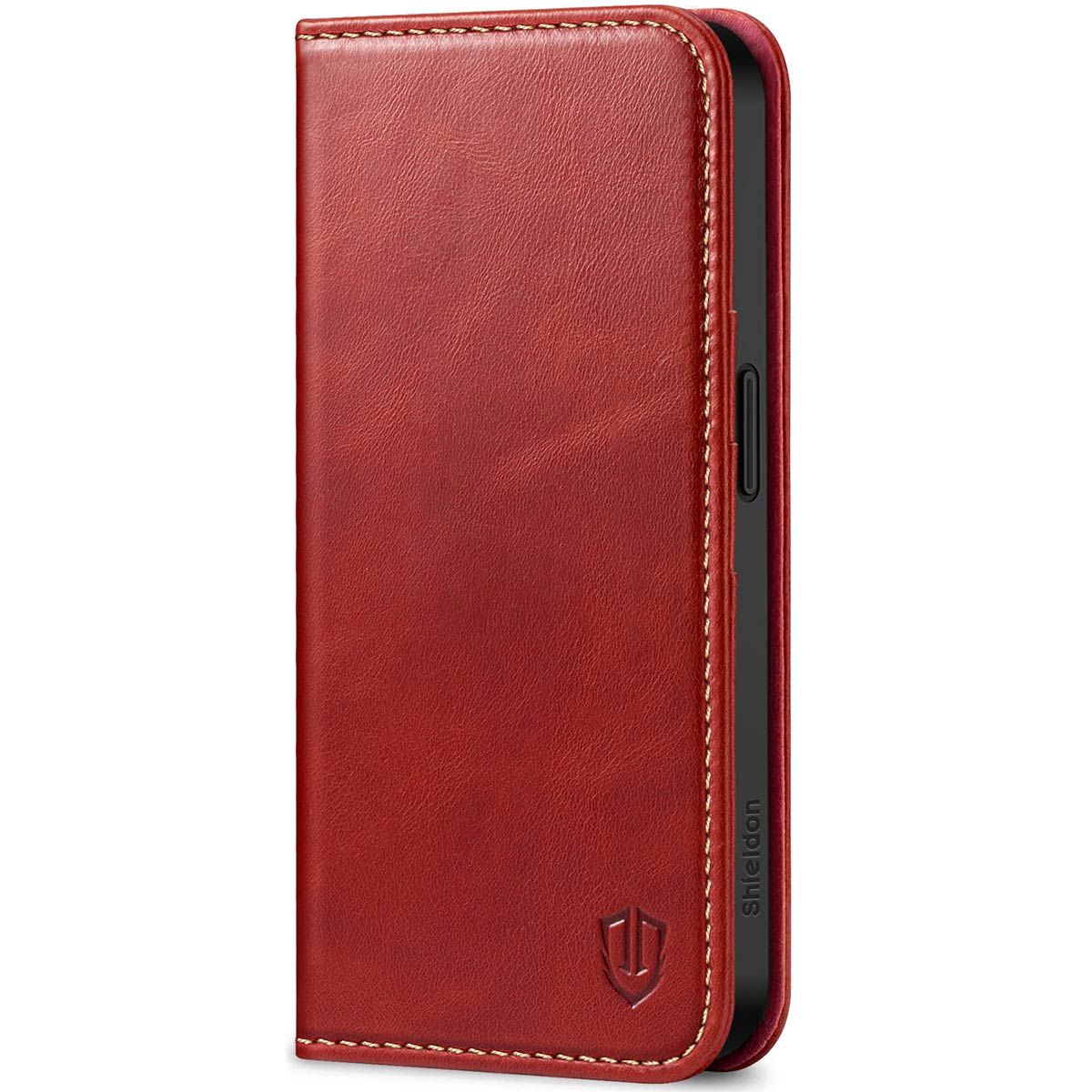 SHIELDON iPhone 15 Pro Genuine Leather Wallet Case, iPhone 15 Pro Folio  Cover with Card Slots - Retro Red