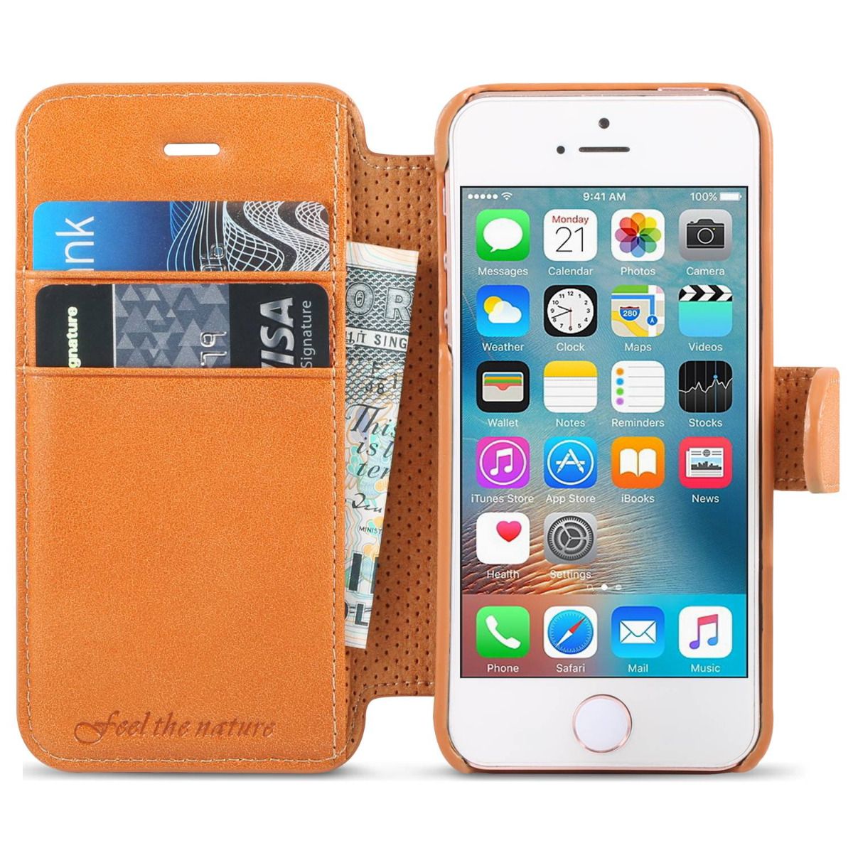 SHIELDON iPhone SE Leather Kickstand Case Genuine Leather Wallet Case