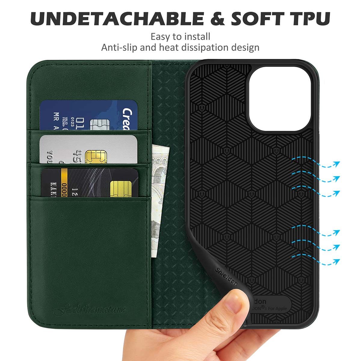 SHIELDON iPhone 13 Pro Max Wallet Case, iPhone 13 Pro Max Genuine Leather  Cover - Midnight Green