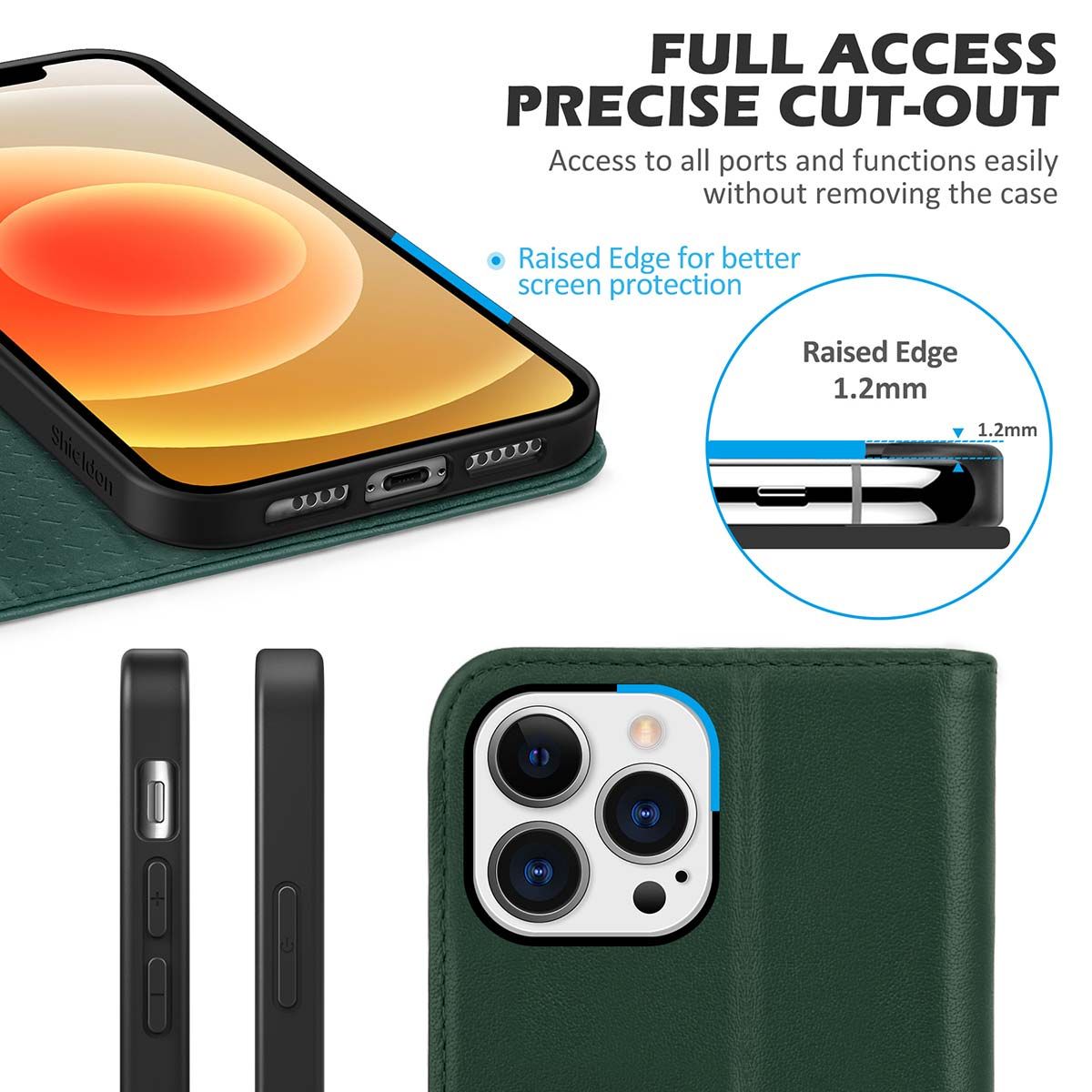 SHIELDON iPhone 13 Pro Max Wallet Case, iPhone 13 Pro Max Genuine Leather  Cover - Midnight Green