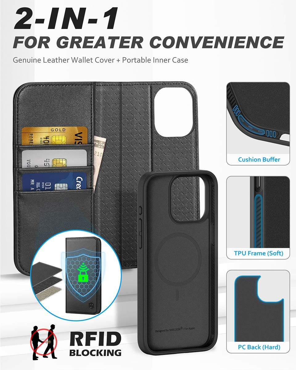 SHIELDON iPhone 15 Pro Leather Detachable Wallet, iPhone 15 Pro Genuine Leather  Case 2in1, MagSafe & Wireless Charging Compatible, Magnetic, Card Holders  Kickstand Shockproof, Removable Flip Protective Cover for iPhone 15 Pro  6.1-inch