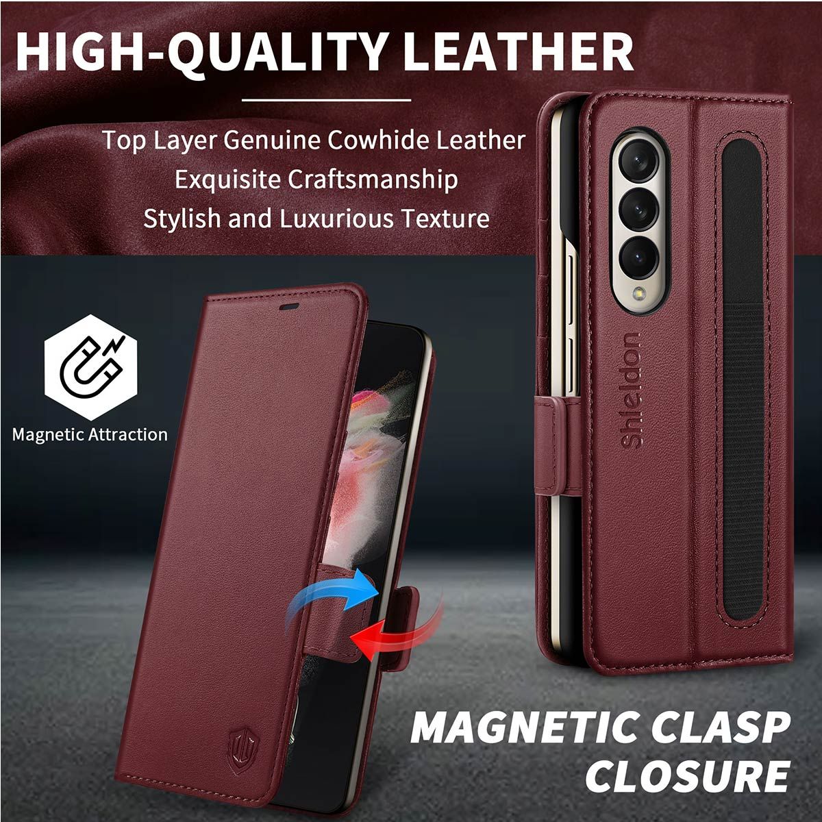 Wish For Samsung Galaxy Z Fold 4 Wallet Case with S Pen Holder,PU Leather  Zipper Case with Magnetic Closure Card Holder and Wrist strap S734 