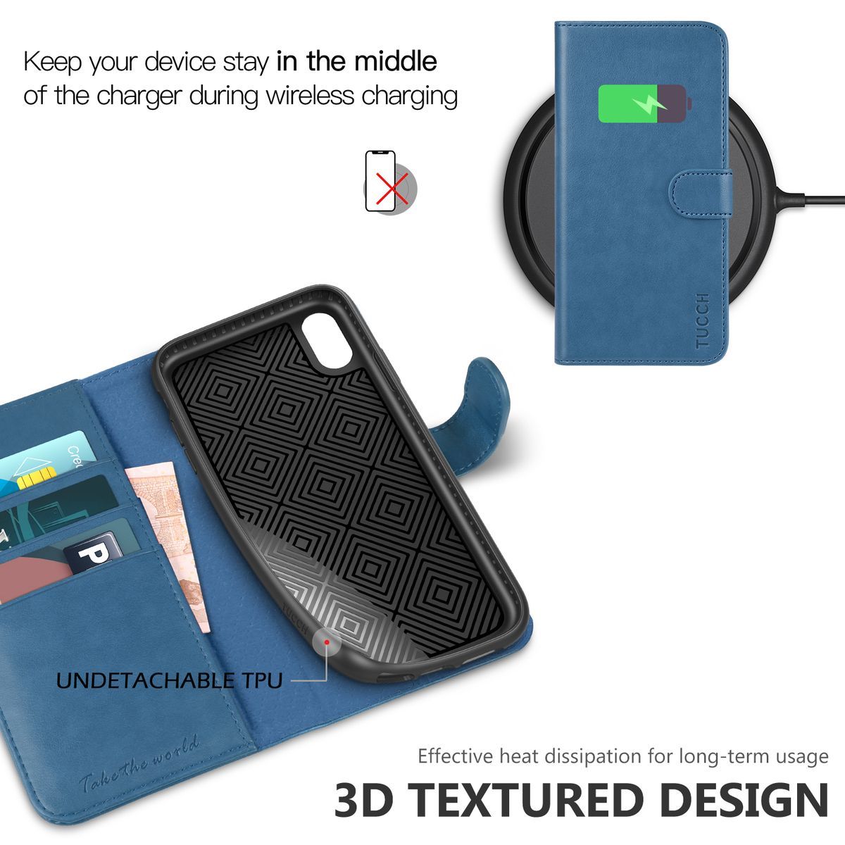 TUCCH iPhone XS Max Wallet Case Folio Style Kickstand With Magnetic  Strap-Lake Blue