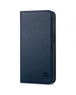 SHIELDON iPhone 15 Genuine Leather Wallet Case, iPhone 15 Front Cover Leather Case - Navy Blue