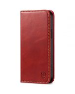 SHIELDON iPhone 15 Plus Genuine Leather Wallet Case, iPhone 15 Plus Folio Cover with Card Slots - Retro Red