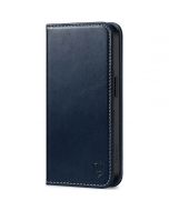 SHIELDON iPhone 15 Genuine Leather Wallet Case, iPhone 15 Phone Case with Card Holder - Retro Dark Blue