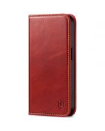 SHIELDON iPhone 15 Genuine Leather Wallet Case, iPhone 15 Card Holder Phone Case - Retro Red