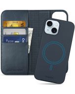 SHIELDON iPhone 15 Magnetic Leather Detachable Wallet Cover, iPhone 15 MagSafe & Wireless Charging Compatible Case - Navy Blue