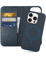 SHIELDON iPhone 15 Pro Detachable Magnetic Wallet Case, iPhone 15 Pro Genuine Leather Case,  Support Qi wireless charging - Navy Blue