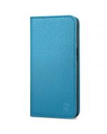 SHIELDON iPhone 14 Wallet Case, iPhone 14 Genuine Leather Cover with RFID Blocking, Book Folio Flip Kickstand Magnetic Closure - Light Blue - Litchi Pattern