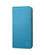 SHIELDON iPhone 14 Plus Wallet Case, iPhone 14 Plus Genuine Leather Cover with RFID Blocking, Book Folio Flip Kickstand Magnetic Closure - Light Blue - Litchi Pattern