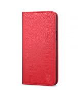 SHIELDON iPhone 14 Plus Wallet Case, iPhone 14 Plus Genuine Leather Cover with RFID Blocking, Book Folio Flip Kickstand Magnetic Closure - Red - Litchi Pattern