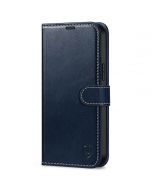 SHIELDON iPhone 14 Plus Wallet Case, iPhone 14 Plus Genuine Leather Cover Book Folio Flip Kickstand Case with Magnetic Clasp - Dark Blue - Retro