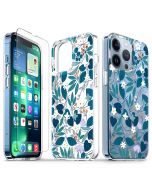 TUCCH iPhone 13 Pro Clear TPU Case Non-Yellowing, Transparent Thin Slim Scratchproof Shockproof TPU Case with Tempered Glass Screen Protector for iPhone 13 Pro 5G - Blue Flowers Leaves