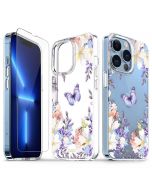 TUCCH iPhone 13 Pro Clear TPU Case Non-Yellowing, Transparent Thin Slim Scratchproof Shockproof TPU Case with Tempered Glass Screen Protector for iPhone 13 Pro 5G - Purple Lilac Flower