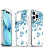 TUCCH iPhone 13 Pro Clear TPU Case Non-Yellowing, Transparent Thin Slim Scratchproof Shockproof TPU Case with Tempered Glass Screen Protector for iPhone 13 Pro 5G - Blue Flowers