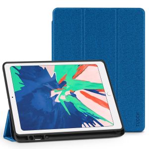 TUCCH iPad Air 3 10.5-inch 2019 Flip Leather Cover Case with Auto Sleep/Wake, Trifold Stand, Pencil Holder Line texture - Dark Blue