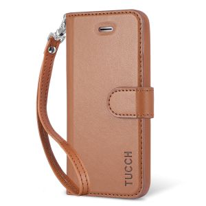 TUCCH iPhone 5/5S/SE Case, Premium Leather Wallet Case, Wrist Strap, Magnetic Clasp