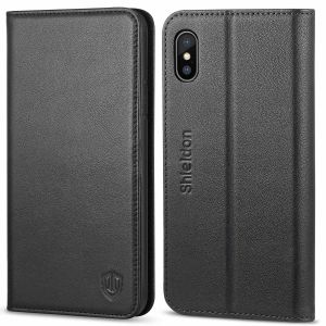 SHIELDON iPhone X Genuine Leather Wallet Flip Cover, iPhone 10 Case with Magnetic Closure, Kickstand Function