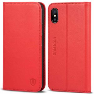 SHIELDON iPhone X Genuine Leather Wallet Case, Magnetic Closure, Flip Cover, Kickstand