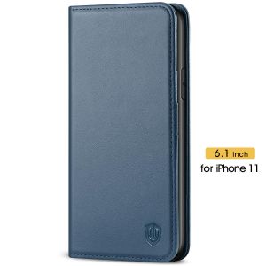 SHIELDON iPhone 11 Wallet Case, Genuine Leather, RFID Blocking, Magnetic Closure - Blue