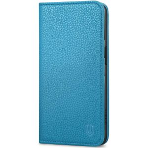 SHIELDON iPhone 15 Genuine Leather Wallet Case, iPhone 15 Flip Case - Full Grain Light Blue