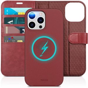 TUCCH iPhone 15 Pro Max Magnetic Detachable Leather Case, iPhone 15 Pro Max 2in1 Wallet Case - Dark Red