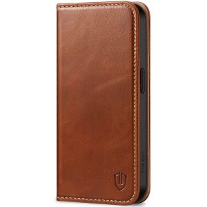 SHIELDON iPhone 15 Genuine Leather Wallet Case, iPhone 15 Kickstand Phone Case - Retro Brown
