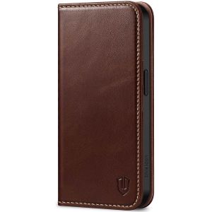 SHIELDON iPhone 15 Genuine Leather Wallet Case, iPhone 15 Magnetic Closure Cover - Retro Coffee