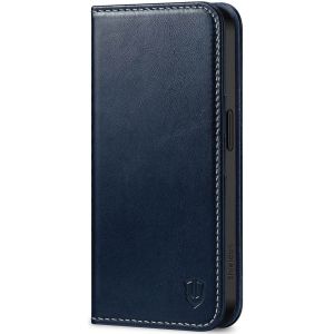 SHIELDON iPhone 15 Genuine Leather Wallet Case, iPhone 15 Phone Case with Card Holder - Retro Dark Blue