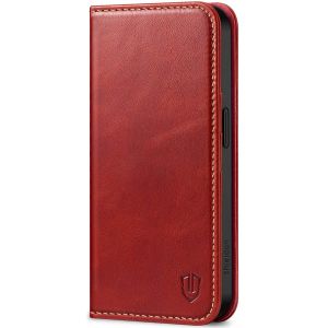 SHIELDON iPhone 15 Genuine Leather Wallet Case, iPhone 15 Card Holder Phone Case - Retro Red