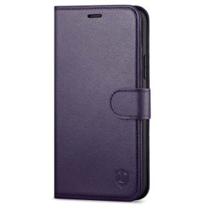 SHIELDON iPhone 12 Mini Leather Case, iPhone 12 Mini Folio Cover with Magnetic Clasp Closure, Genuine Leather, RFID Blocking, Kickstand Phone Case for Mini iPhone 12 5.4-inch 5G Purple