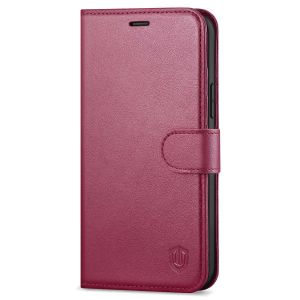 SHIELDON iPhone 12 Wallet Case, iPhone 12 Pro Wallet Cover, Genuine Leather Cover, RFID Blocking, Folio Flip Kickstand, Magnetic Closure for iPhone 12 / Pro 6.1-inch 5G Red Violet