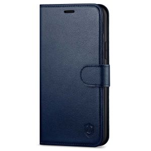 SHIELDON iPhone 12 Pro Max Wallet Case, Genuine Leather Folio Cover with Kickstand and Magnetic Closure for iPhone 12 Pro Max 6.7-inch 5G Navy Blue