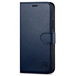 SHIELDON iPhone 13 Mini Genuine Leather Case, iPhone 13 Mini Wallet Cover with Magnetic Clasp Closure - Navy Blue