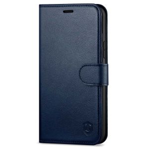 SHIELDON iPhone 13 Pro Wallet Case, iPhone 13 Pro Genuine Leather Cover with Magnetic Clasp - Navy Blue