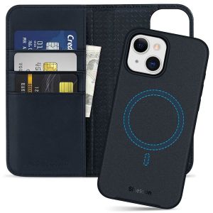 SHIELDON iPhone 15 Magnetic Leather Detachable Wallet Cover, iPhone 15 MagSafe & Wireless Charging Compatible Case - Navy Blue
