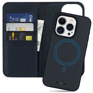 SHIELDON iPhone 15 Pro Detachable Magnetic Wallet Case, iPhone 15 Pro Genuine Leather Case,  Support Qi wireless charging - Navy Blue