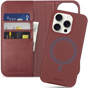 SHIELDON iPhone 15 Pro Detachable Magnetic Wallet Case, iPhone 15 Pro Genuine Leather Case,  2in1 MagSafe Compatible - Wine Red