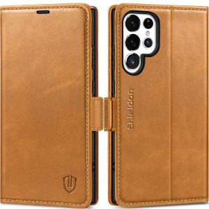 SHIELDON SAMSUNG Galaxy S24 Ultra Wallet Case, SAMSUNG S24 Ultra Leather Cover Flip Folio Book Case - Retro Light Brown